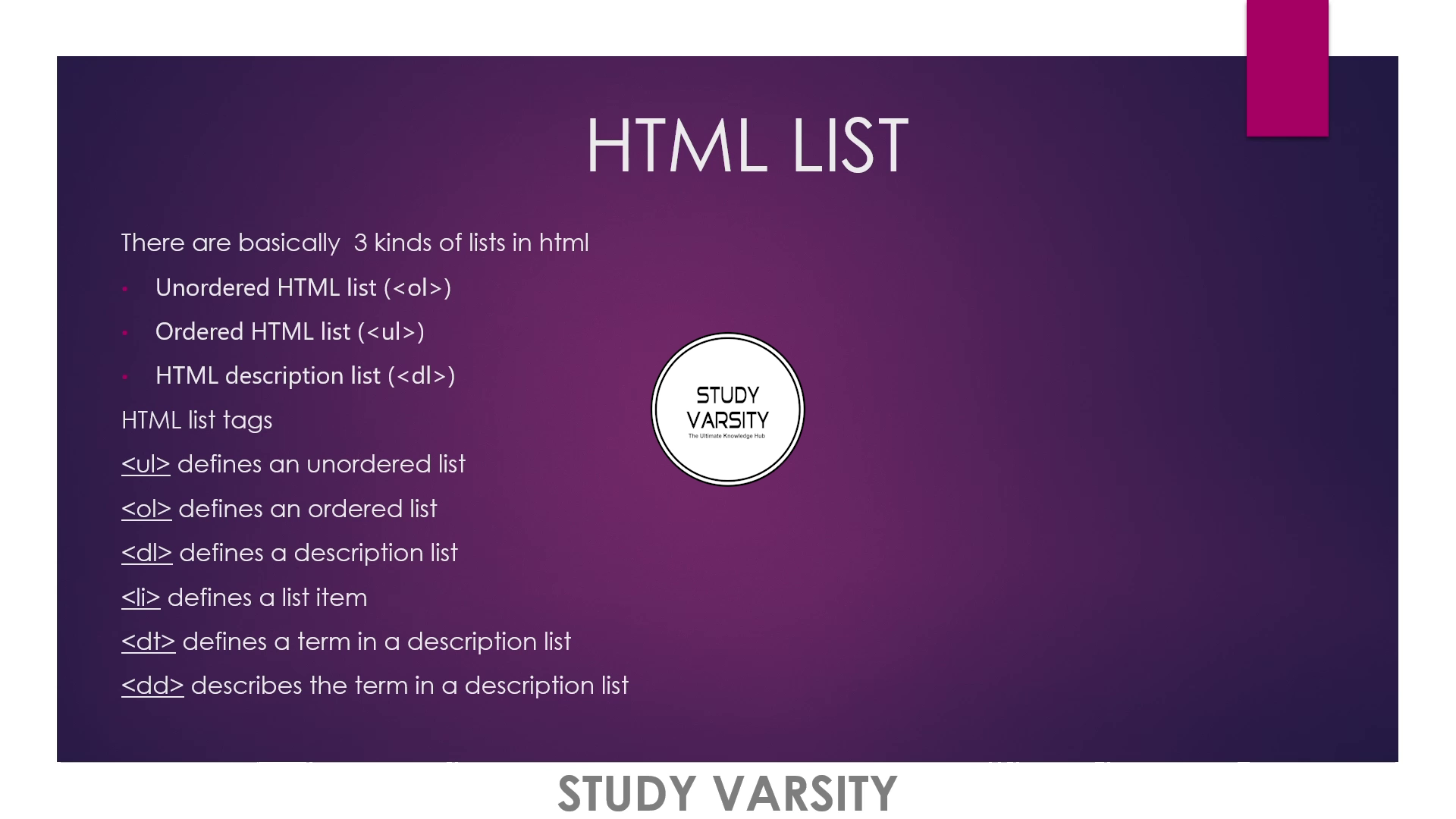 HTML LIST with Source Code | STUDY VARSITY
